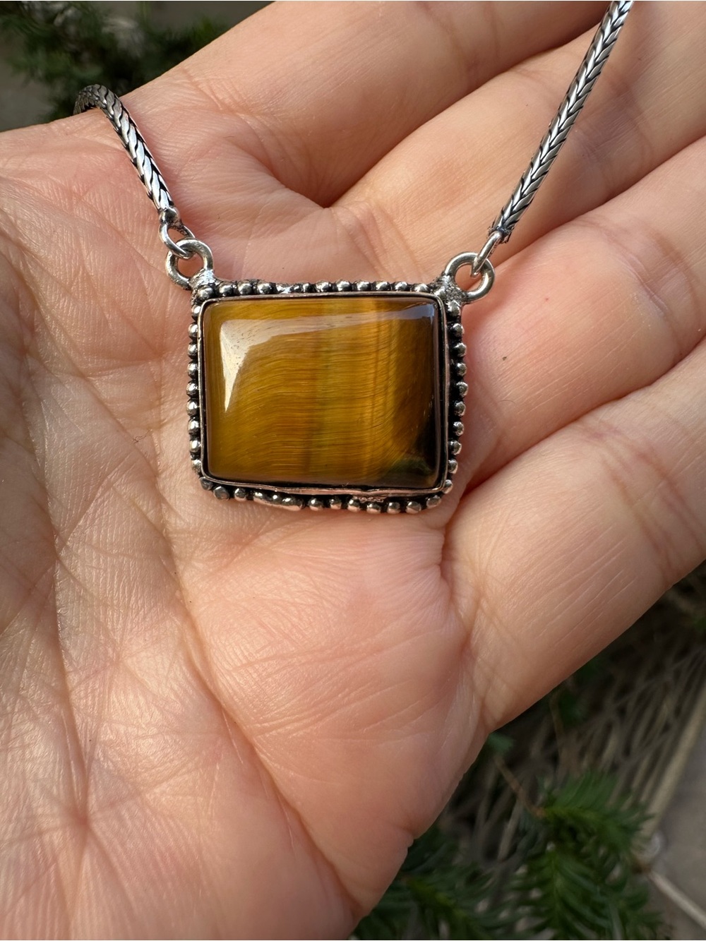 Tiger's Eye Pendant on Silver Snake Chain Necklace - S Hook Closure, 18”